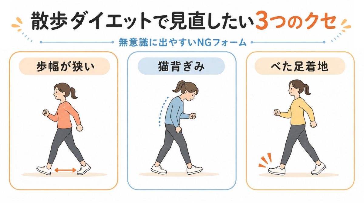 散歩ダイエットで見直したいフォームのクセとして、歩幅の狭さ、猫背、べた足着地を示した図解