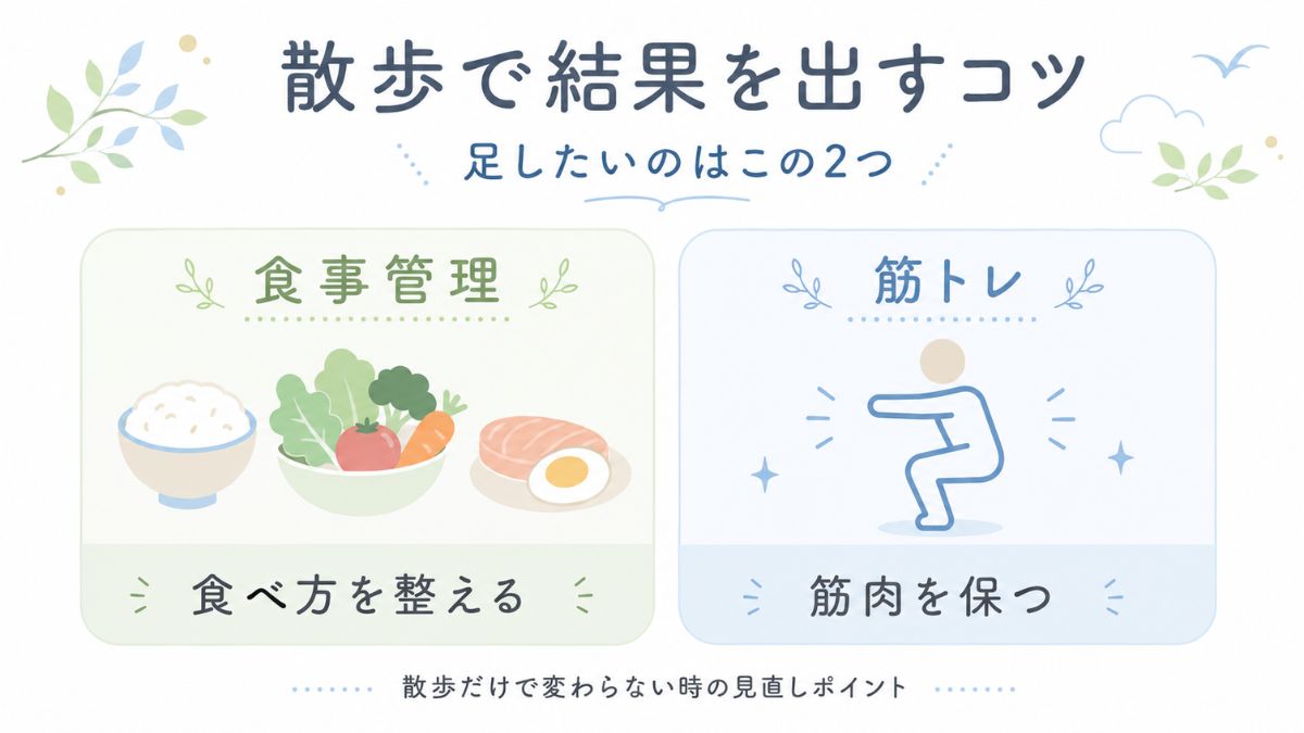 散歩ダイエットで結果が出にくい人に向けて、散歩に食事管理と筋トレを組み合わせる考え方を示した図解